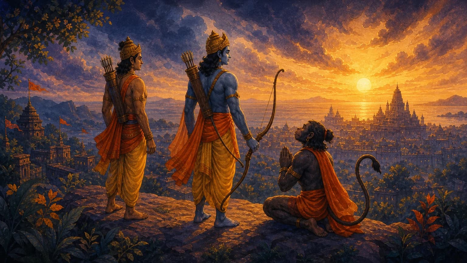 Rama, Lakshmana, and Hanuman looking toward Lanka after victory