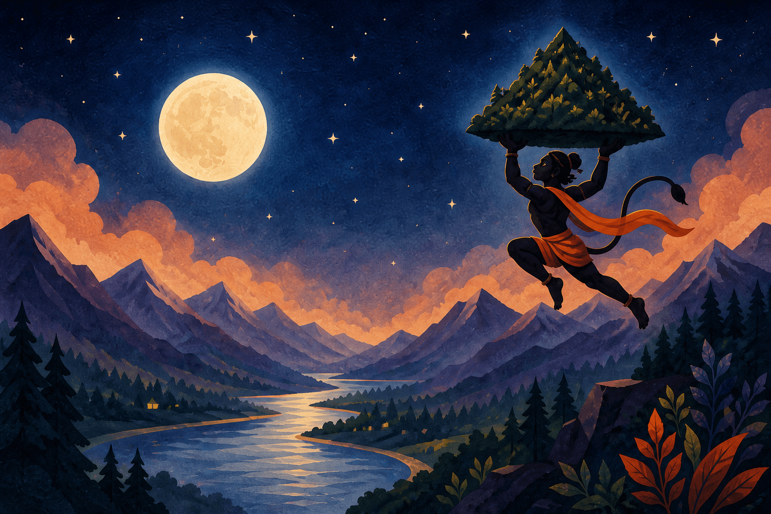 A painted storybook scene of Hanuman carrying a mountain across a moonlit Himalayan valley